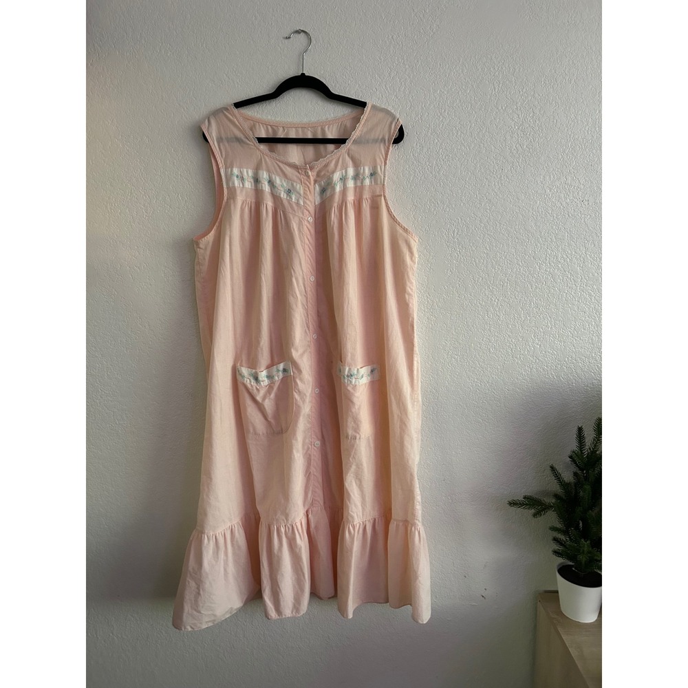 Vintage Pink Floral Embroidered Button Up Victorian Nightgown Dress Romantic - Picture 7 of 11